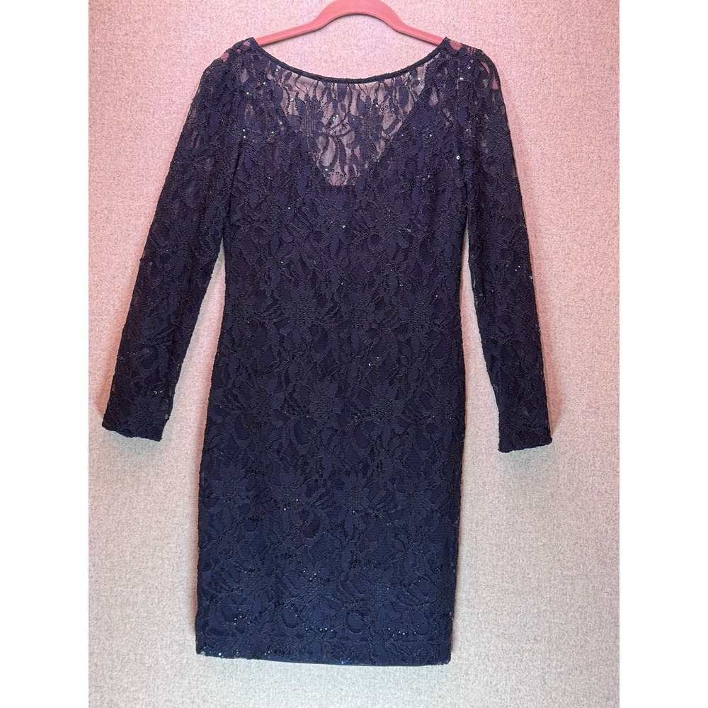 JS Collections Navy Blue Sequin Lace Long Sleeve Sheath Cocktail Dress 8